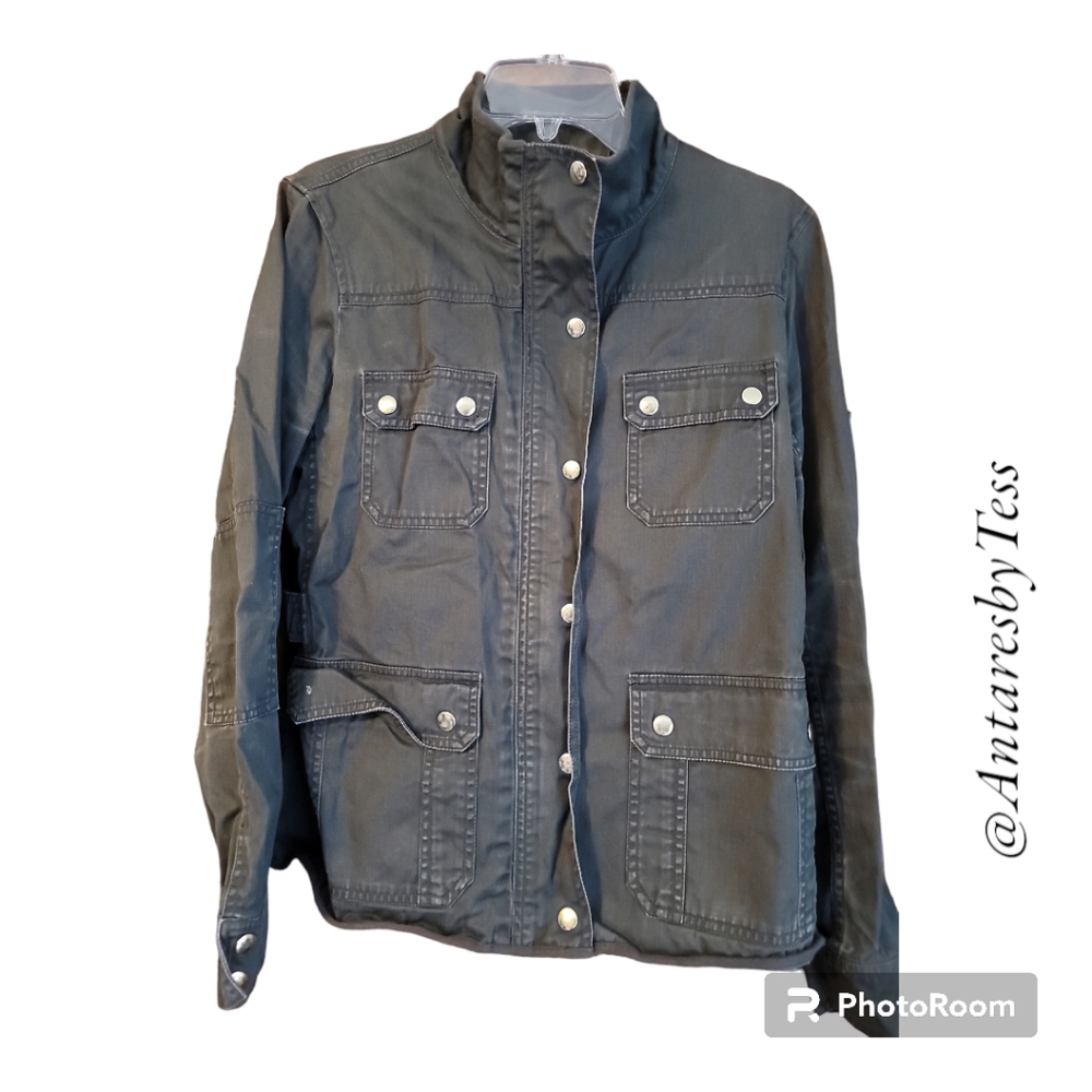 J Crew utility jacket washed olive green gold colored snaps womens M